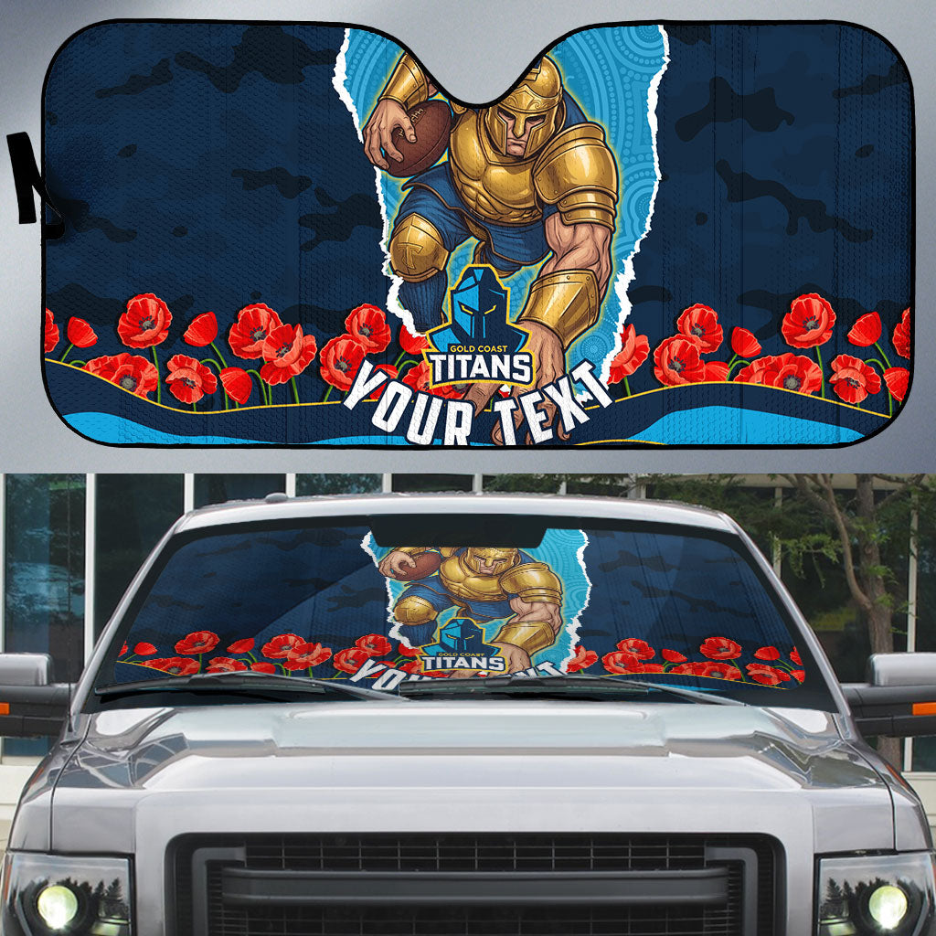 Personalized Gold Coast Titans ANZAC Tribute Auto Sun Shade Poppy Field Soldier Silhouette Aboriginal Rugby Mascot
