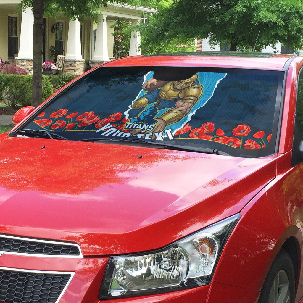 Personalized Gold Coast Titans ANZAC Tribute Auto Sun Shade Poppy Field Soldier Silhouette Aboriginal Rugby Mascot