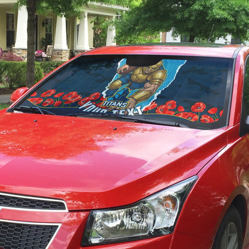 Personalized Gold Coast Titans ANZAC Tribute Auto Sun Shade Poppy Field Soldier Silhouette Aboriginal Rugby Mascot