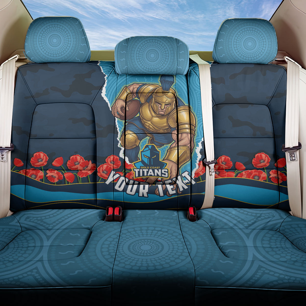 Personalized Gold Coast Titans ANZAC Tribute Back Car Seat Cover Poppy Field Soldier Silhouette Aboriginal Rugby Mascot