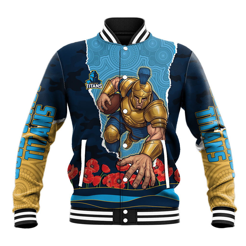 Personalized Gold Coast Titans ANZAC Tribute Baseball Jacket Poppy Field Soldier Silhouette Aboriginal Rugby Mascot