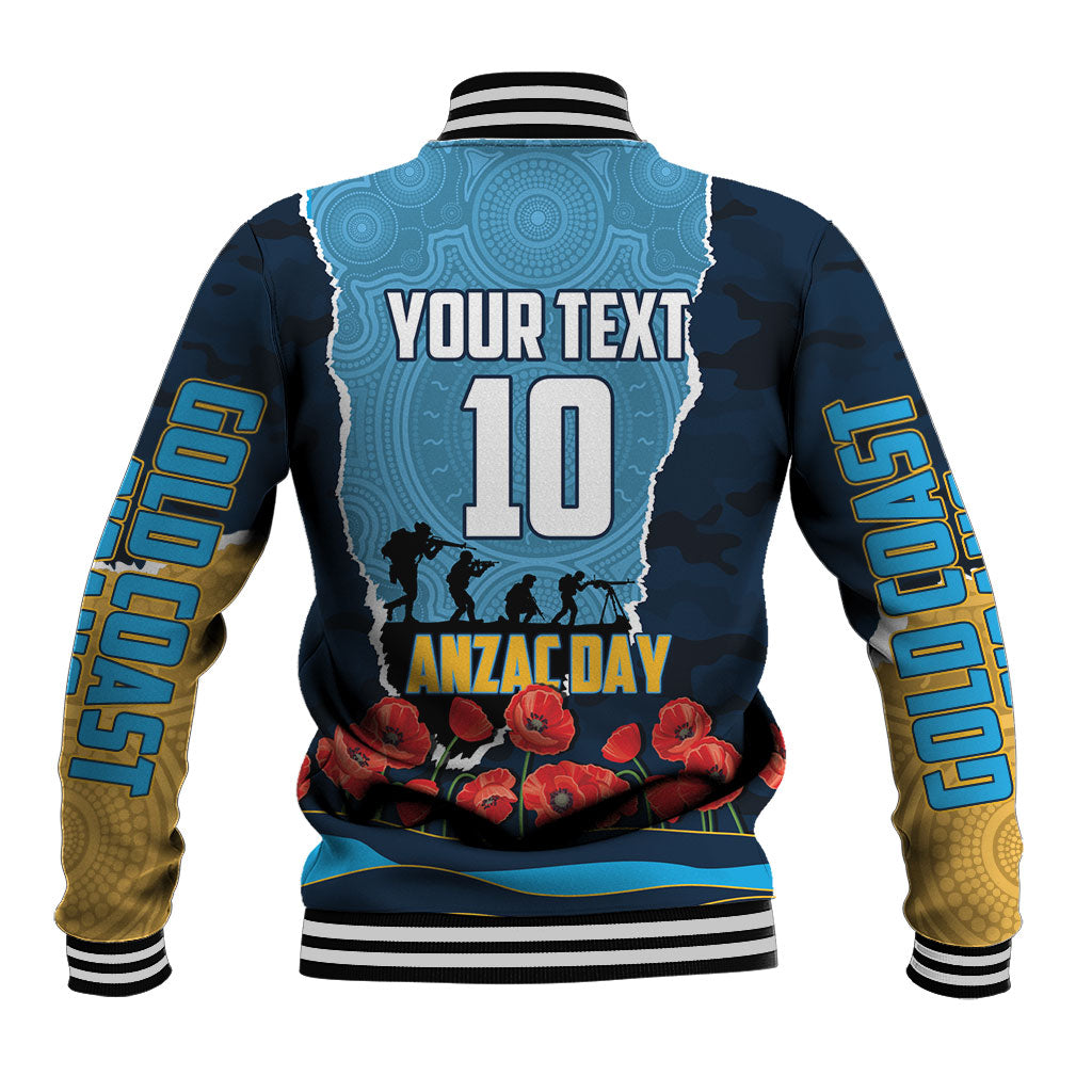 Personalized Gold Coast Titans ANZAC Tribute Baseball Jacket Poppy Field Soldier Silhouette Aboriginal Rugby Mascot