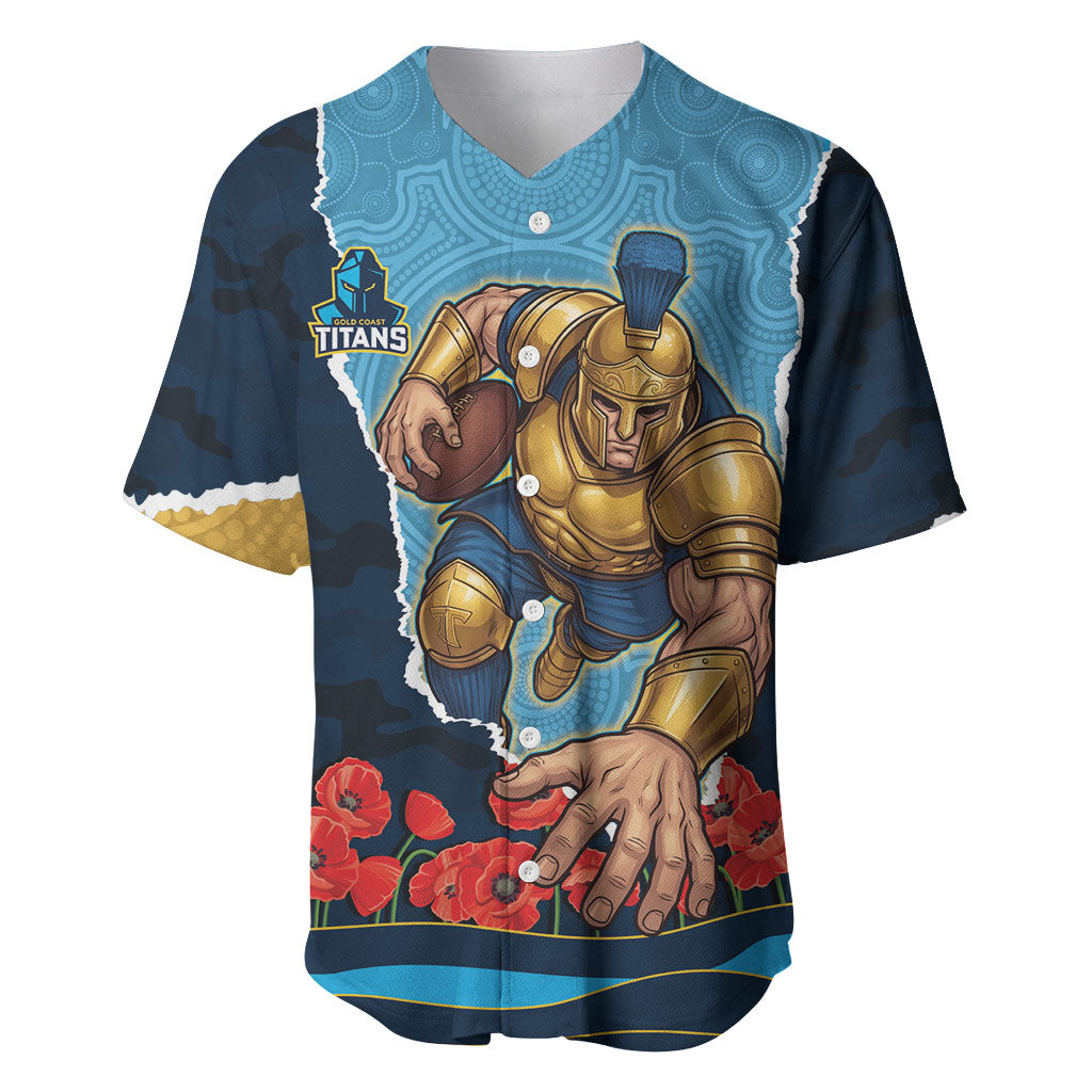 Personalized Gold Coast Titans ANZAC Tribute Baseball Jersey Poppy Field Soldier Silhouette Aboriginal Rugby Mascot