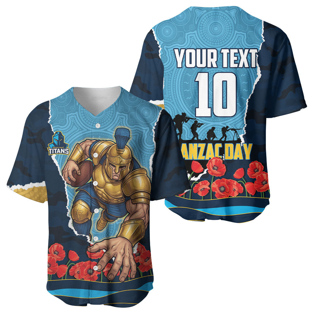 Personalized Gold Coast Titans ANZAC Tribute Baseball Jersey Poppy Field Soldier Silhouette Aboriginal Rugby Mascot
