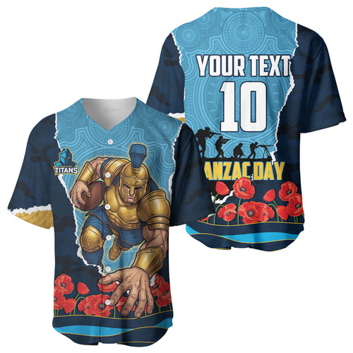 Personalized Gold Coast Titans ANZAC Tribute Baseball Jersey Poppy Field Soldier Silhouette Aboriginal Rugby Mascot