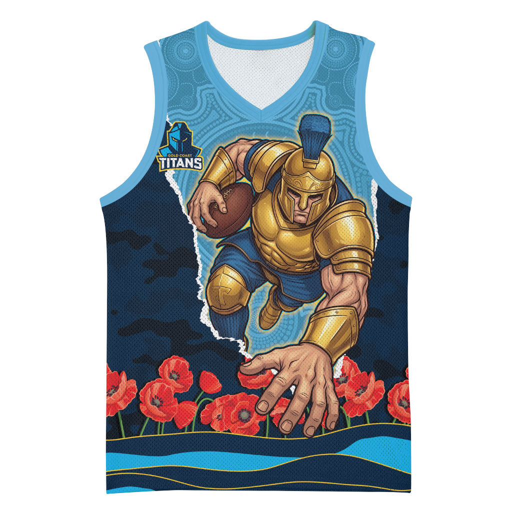 Personalized Gold Coast Titans ANZAC Tribute Basketball Jersey Poppy Field Soldier Silhouette Aboriginal Rugby Mascot