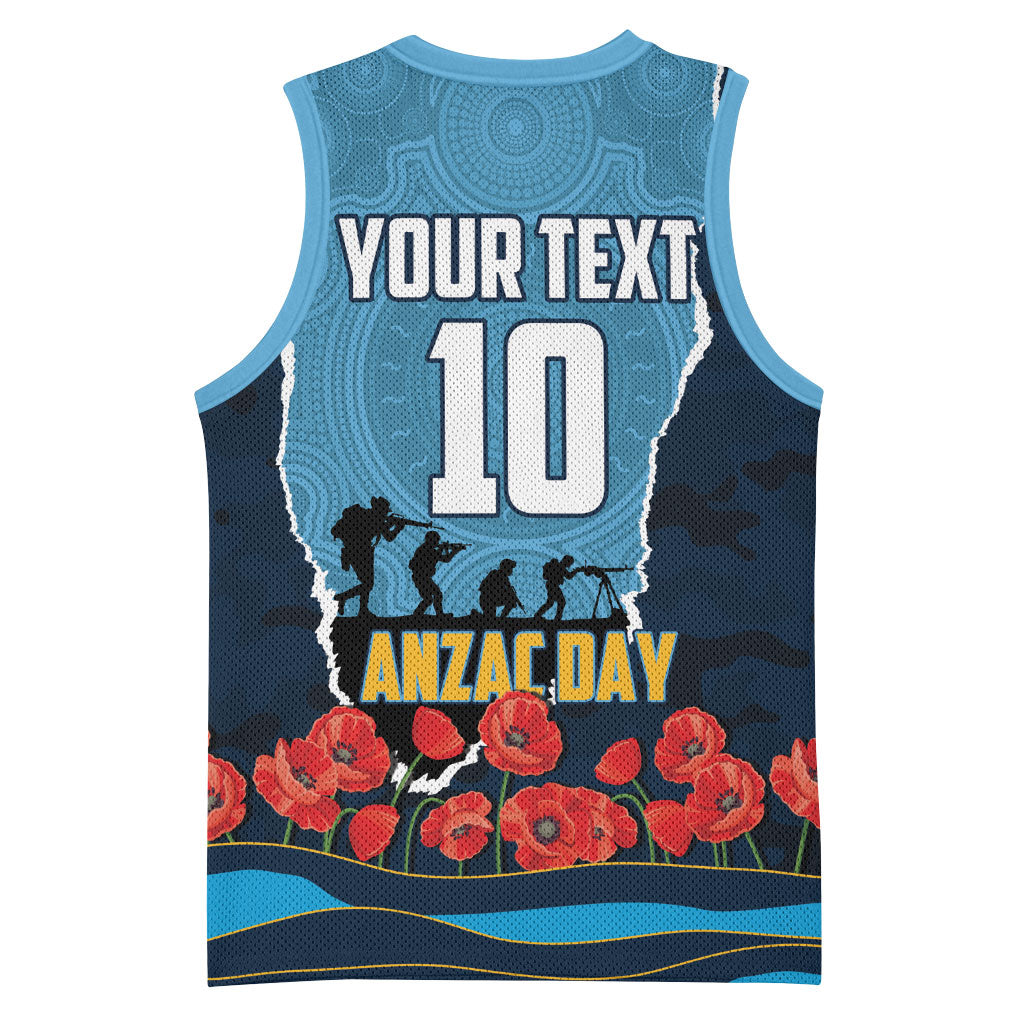 Personalized Gold Coast Titans ANZAC Tribute Basketball Jersey Poppy Field Soldier Silhouette Aboriginal Rugby Mascot