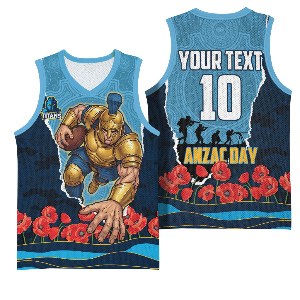 Personalized Gold Coast Titans ANZAC Tribute Basketball Jersey Poppy Field Soldier Silhouette Aboriginal Rugby Mascot