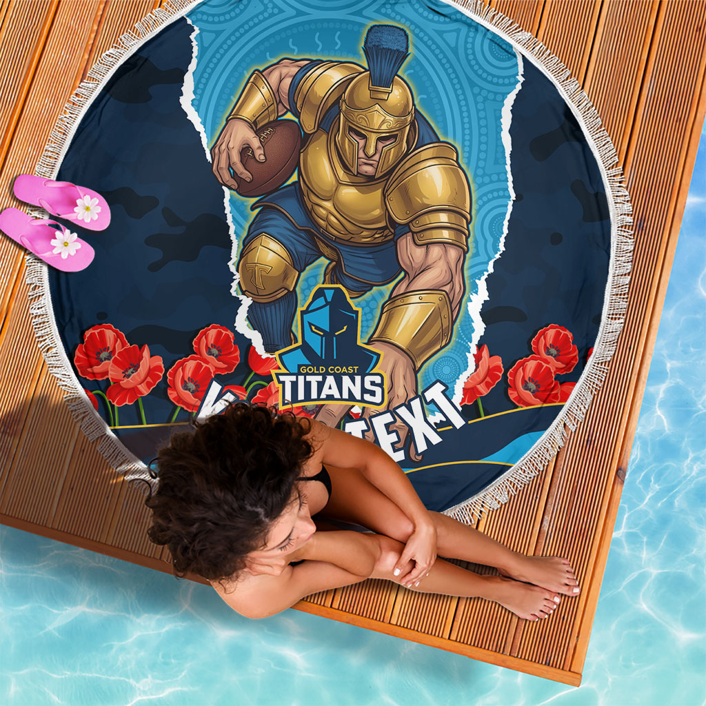 Personalized Gold Coast Titans ANZAC Tribute Beach Blanket Poppy Field Soldier Silhouette Aboriginal Rugby Mascot