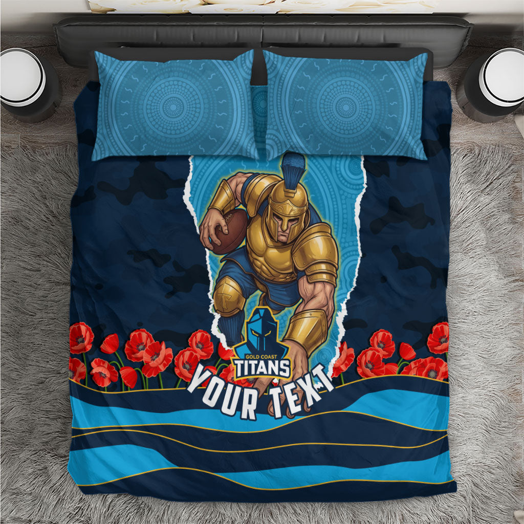 Personalized Gold Coast Titans ANZAC Tribute Bedding Set Poppy Field Soldier Silhouette Aboriginal Rugby Mascot