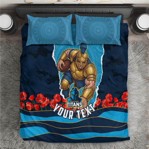 Personalized Gold Coast Titans ANZAC Tribute Bedding Set Poppy Field Soldier Silhouette Aboriginal Rugby Mascot