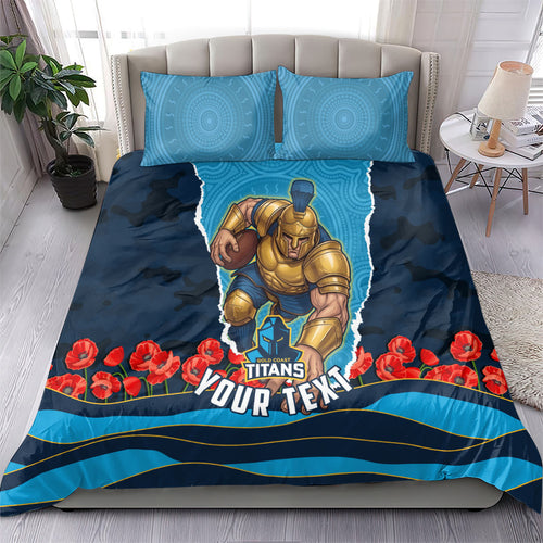 Personalized Gold Coast Titans ANZAC Tribute Bedding Set Poppy Field Soldier Silhouette Aboriginal Rugby Mascot