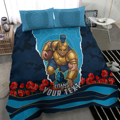 Personalized Gold Coast Titans ANZAC Tribute Bedding Set Poppy Field Soldier Silhouette Aboriginal Rugby Mascot