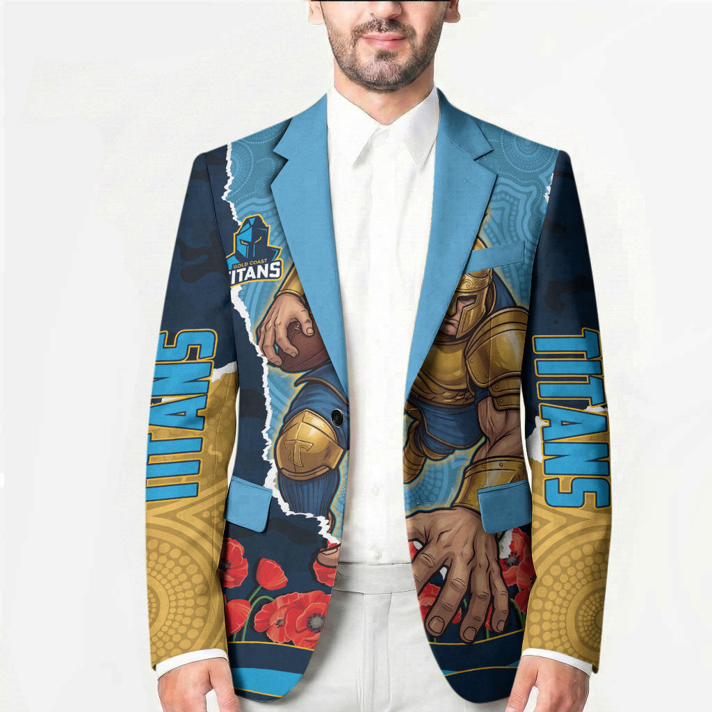 Personalized Gold Coast Titans ANZAC Tribute Blazer Poppy Field Soldier Silhouette Aboriginal Rugby Mascot