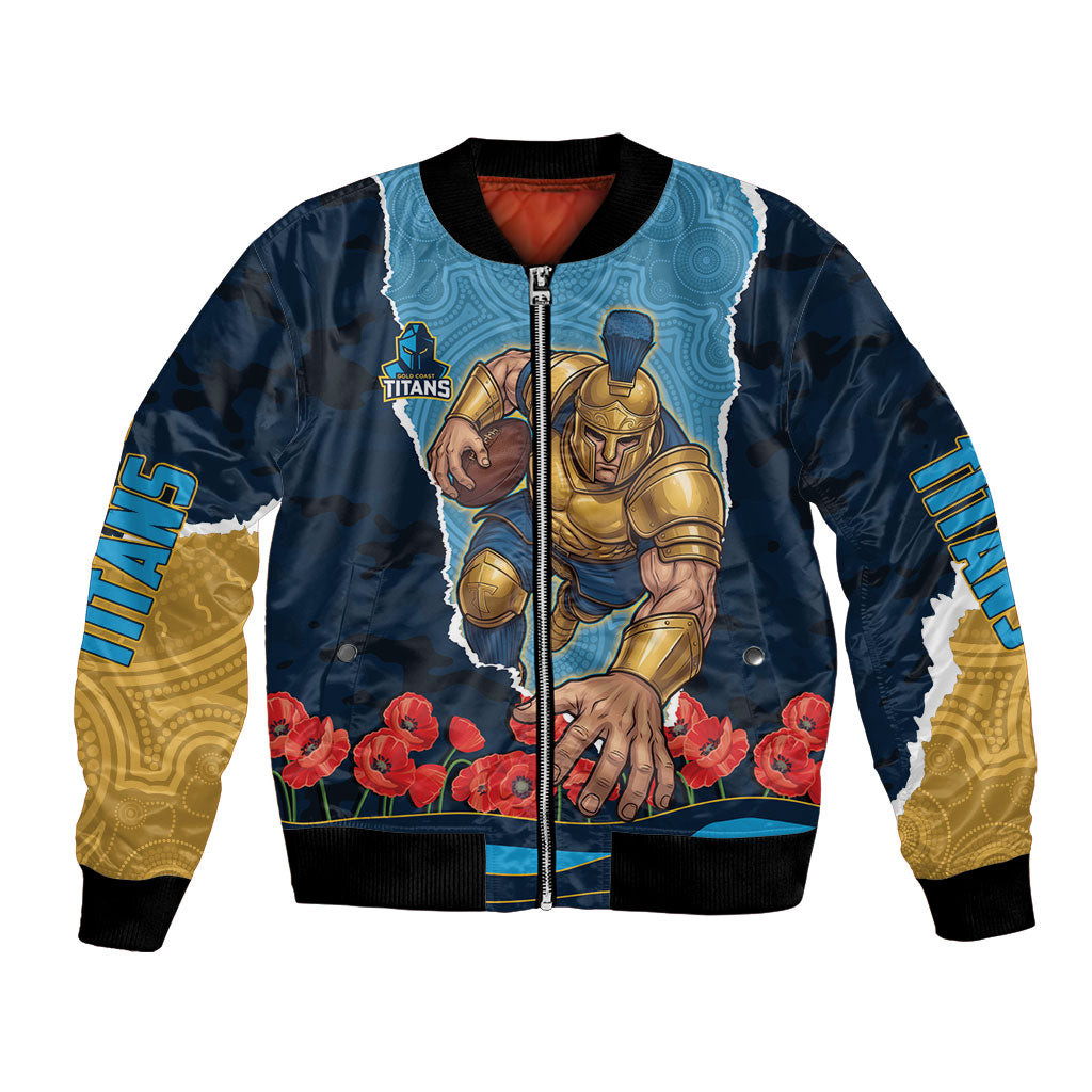 Personalized Gold Coast Titans ANZAC Tribute Bomber Jacket Poppy Field Soldier Silhouette Aboriginal Rugby Mascot