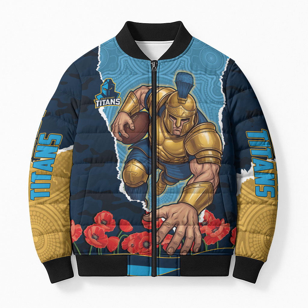 Personalized Gold Coast Titans ANZAC Tribute Bomber Puffer Jacket Poppy Field Soldier Silhouette Aboriginal Rugby Mascot