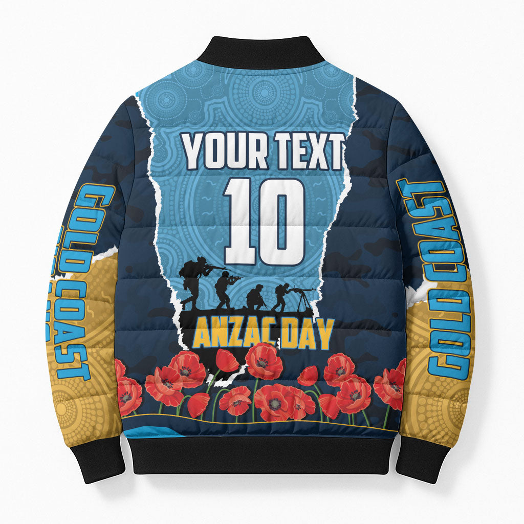 Personalized Gold Coast Titans ANZAC Tribute Bomber Puffer Jacket Poppy Field Soldier Silhouette Aboriginal Rugby Mascot