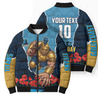Personalized Gold Coast Titans ANZAC Tribute Bomber Puffer Jacket Poppy Field Soldier Silhouette Aboriginal Rugby Mascot