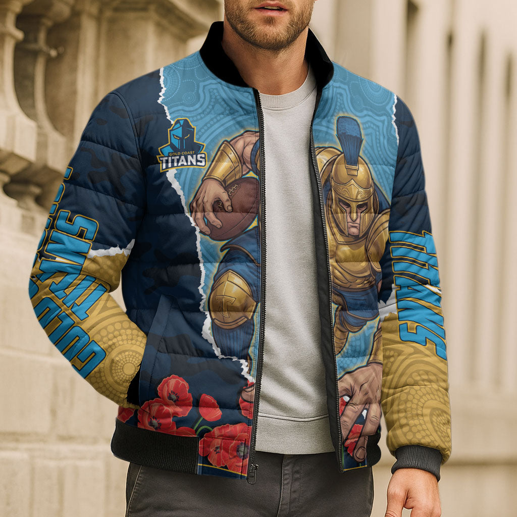 Personalized Gold Coast Titans ANZAC Tribute Bomber Puffer Jacket Poppy Field Soldier Silhouette Aboriginal Rugby Mascot