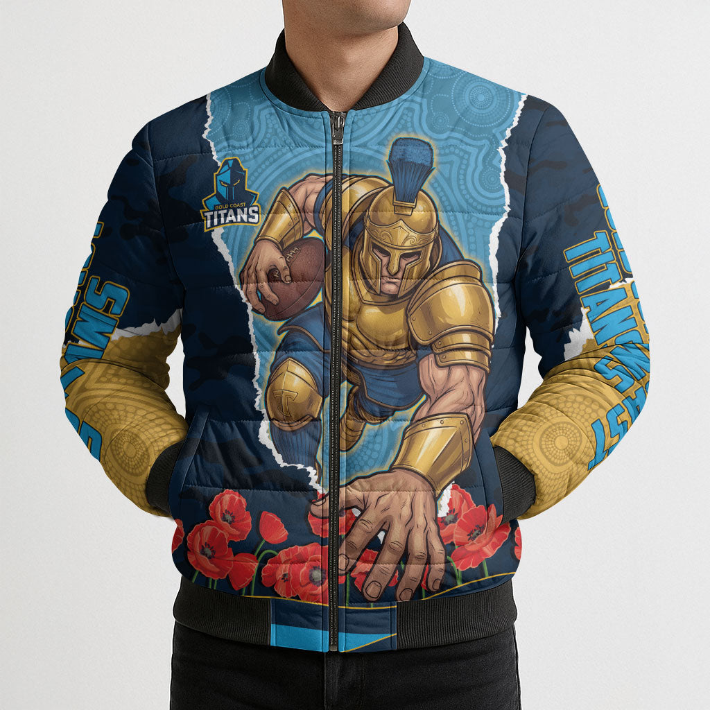 Personalized Gold Coast Titans ANZAC Tribute Bomber Puffer Jacket Poppy Field Soldier Silhouette Aboriginal Rugby Mascot