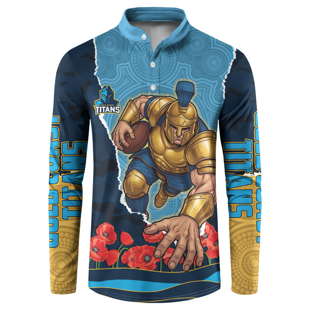 Personalized Gold Coast Titans ANZAC Tribute Button Sweatshirt Poppy Field Soldier Silhouette Aboriginal Rugby Mascot