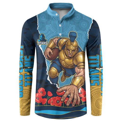 Personalized Gold Coast Titans ANZAC Tribute Button Sweatshirt Poppy Field Soldier Silhouette Aboriginal Rugby Mascot