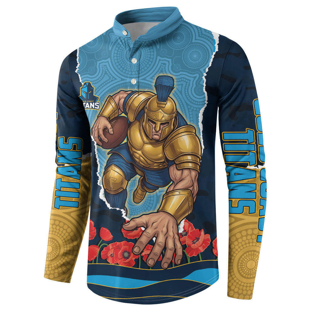 Personalized Gold Coast Titans ANZAC Tribute Button Sweatshirt Poppy Field Soldier Silhouette Aboriginal Rugby Mascot