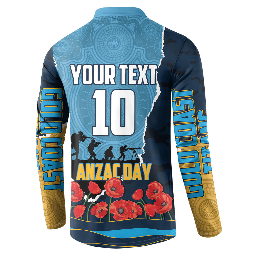 Personalized Gold Coast Titans ANZAC Tribute Button Sweatshirt Poppy Field Soldier Silhouette Aboriginal Rugby Mascot