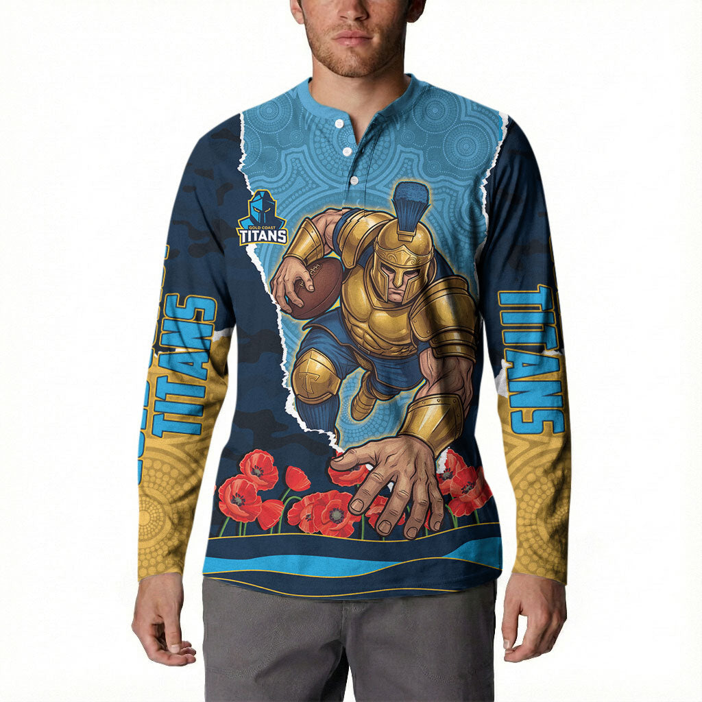 Personalized Gold Coast Titans ANZAC Tribute Button Sweatshirt Poppy Field Soldier Silhouette Aboriginal Rugby Mascot