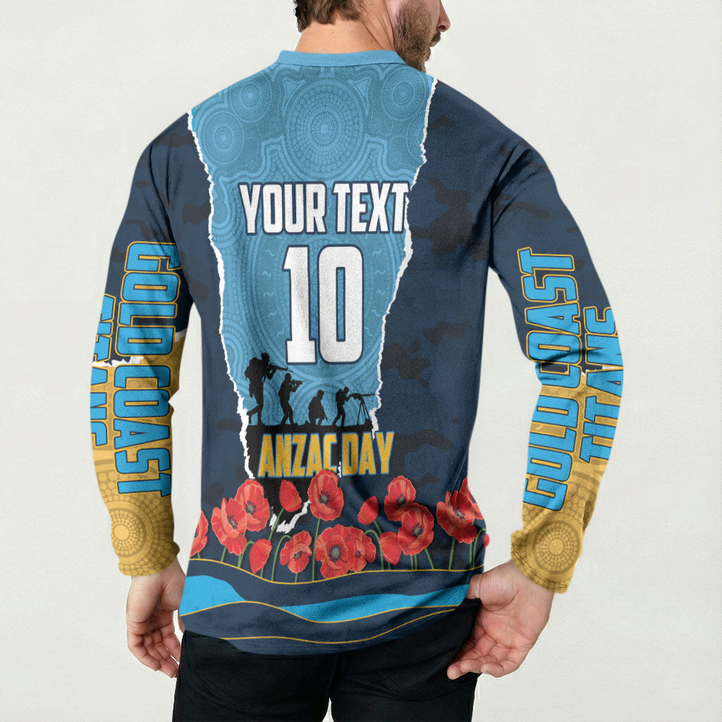 Personalized Gold Coast Titans ANZAC Tribute Button Sweatshirt Poppy Field Soldier Silhouette Aboriginal Rugby Mascot