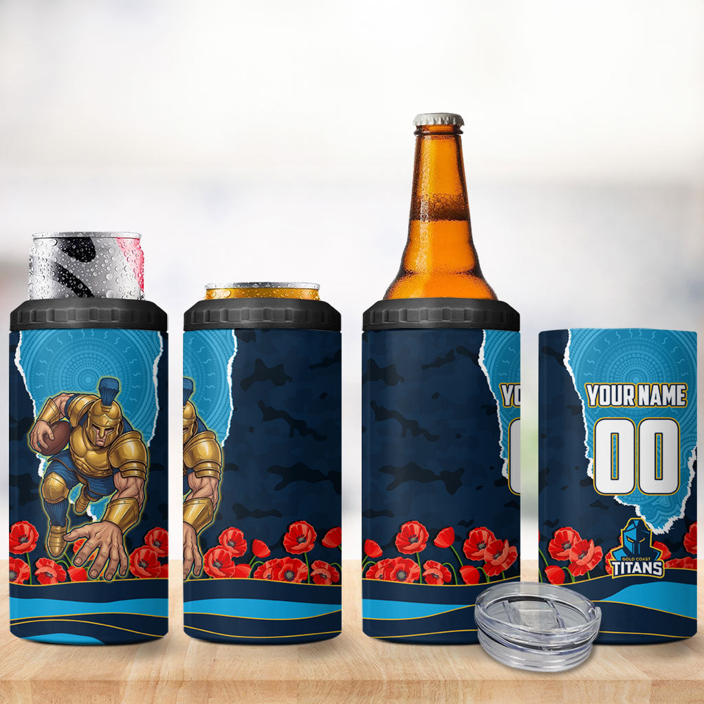 Personalized Gold Coast Titans ANZAC Tribute 4 in 1 Can Cooler Tumbler Poppy Field Soldier Silhouette Aboriginal Rugby Mascot