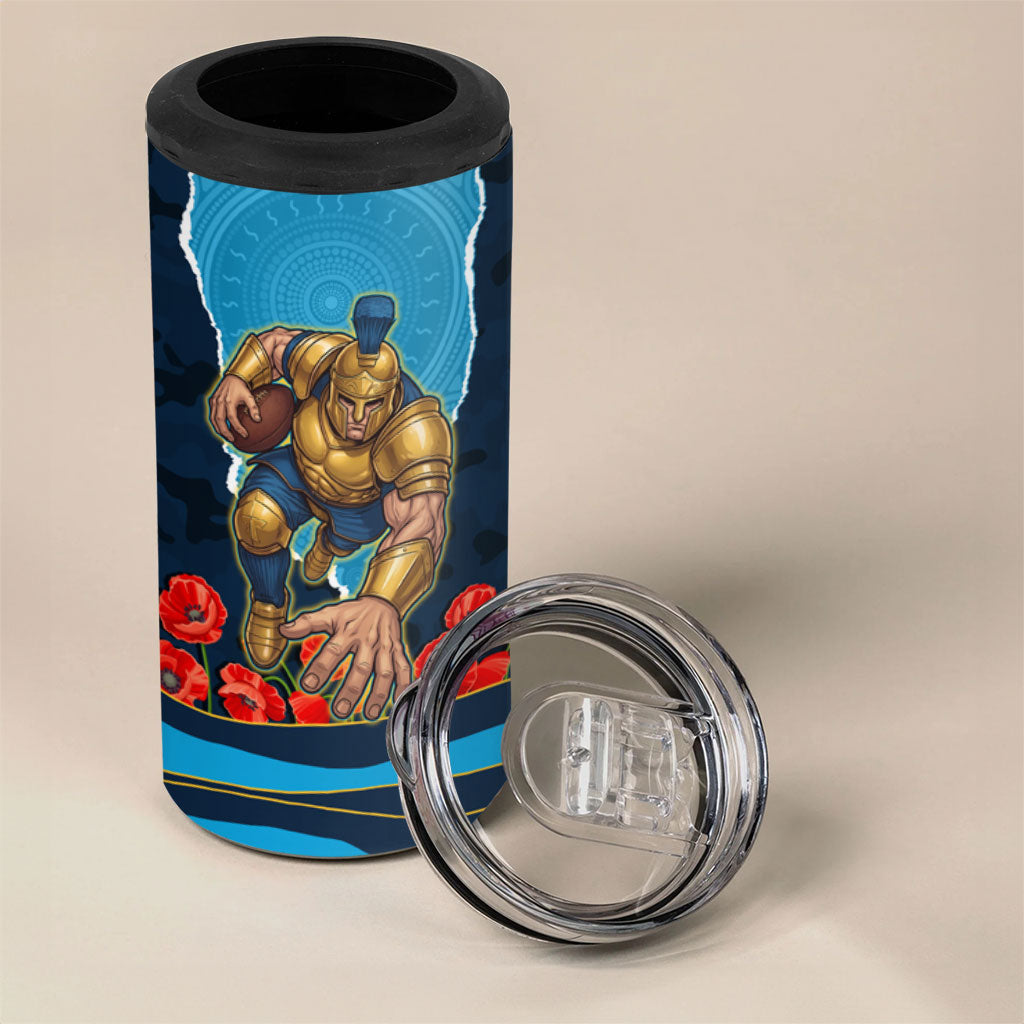 Personalized Gold Coast Titans ANZAC Tribute 4 in 1 Can Cooler Tumbler Poppy Field Soldier Silhouette Aboriginal Rugby Mascot