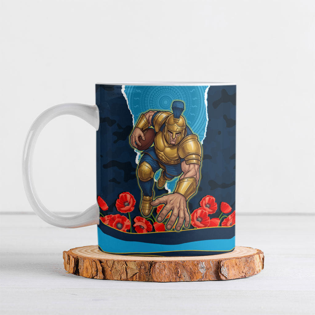 Personalized Gold Coast Titans ANZAC Tribute Ceramic Mug Poppy Field Soldier Silhouette Aboriginal Rugby Mascot