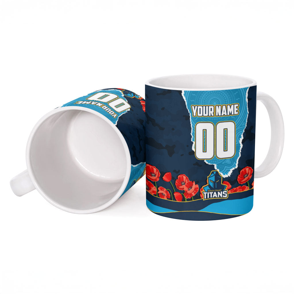 Personalized Gold Coast Titans ANZAC Tribute Ceramic Mug Poppy Field Soldier Silhouette Aboriginal Rugby Mascot