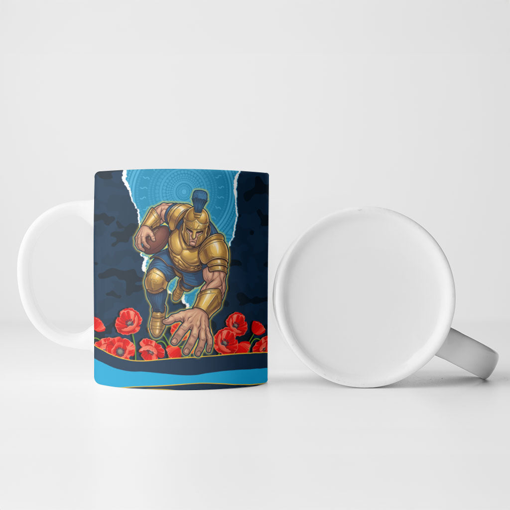 Personalized Gold Coast Titans ANZAC Tribute Ceramic Mug Poppy Field Soldier Silhouette Aboriginal Rugby Mascot