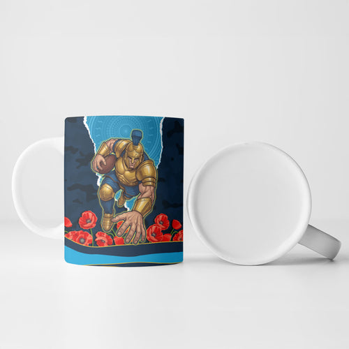 Personalized Gold Coast Titans ANZAC Tribute Ceramic Mug Poppy Field Soldier Silhouette Aboriginal Rugby Mascot