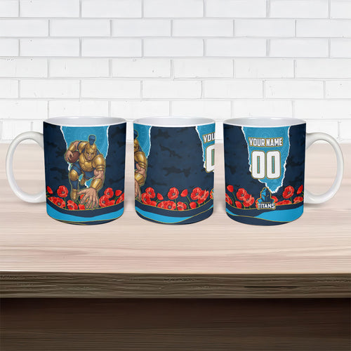 Personalized Gold Coast Titans ANZAC Tribute Ceramic Mug Poppy Field Soldier Silhouette Aboriginal Rugby Mascot
