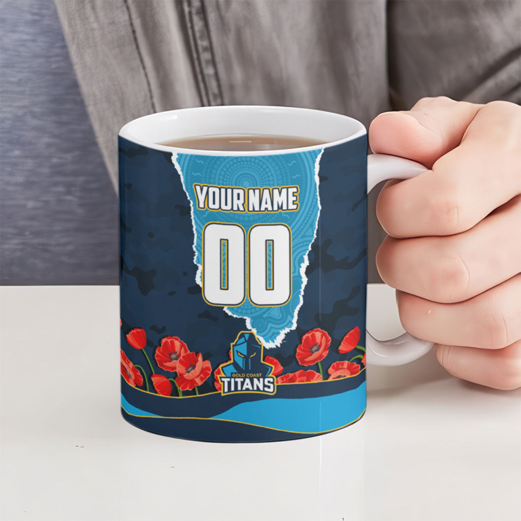 Personalized Gold Coast Titans ANZAC Tribute Ceramic Mug Poppy Field Soldier Silhouette Aboriginal Rugby Mascot