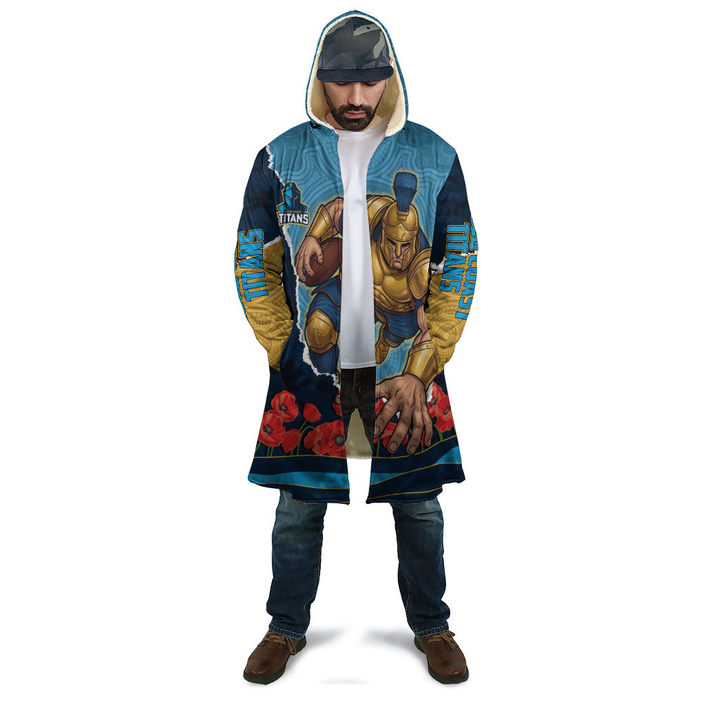 Personalized Gold Coast Titans ANZAC Tribute Cloak Poppy Field Soldier Silhouette Aboriginal Rugby Mascot