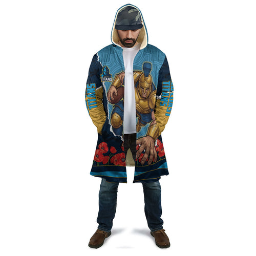 Personalized Gold Coast Titans ANZAC Tribute Cloak Poppy Field Soldier Silhouette Aboriginal Rugby Mascot