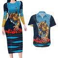 Personalized Gold Coast Titans ANZAC Tribute Couples Matching Long Sleeve Bodycon Dress and Hawaiian Shirt Poppy Field Soldier Silhouette Aboriginal Rugby Mascot