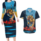 Personalized Gold Coast Titans ANZAC Tribute Couples Matching Long Sleeve Bodycon Dress and Hawaiian Shirt Poppy Field Soldier Silhouette Aboriginal Rugby Mascot