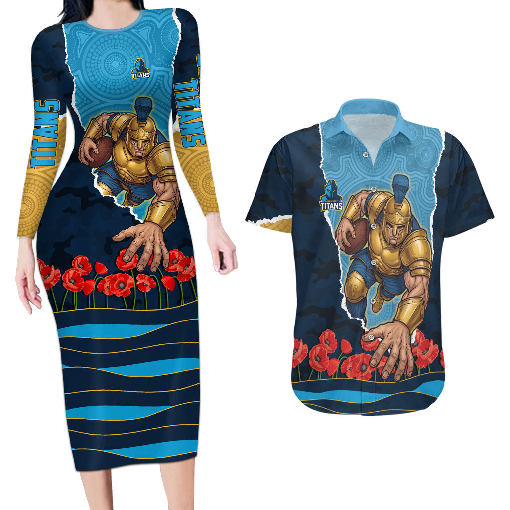 Personalized Gold Coast Titans ANZAC Tribute Couples Matching Long Sleeve Bodycon Dress and Hawaiian Shirt Poppy Field Soldier Silhouette Aboriginal Rugby Mascot