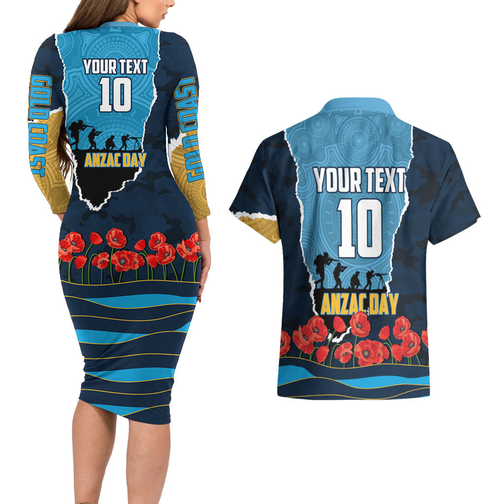 Personalized Gold Coast Titans ANZAC Tribute Couples Matching Long Sleeve Bodycon Dress and Hawaiian Shirt Poppy Field Soldier Silhouette Aboriginal Rugby Mascot