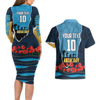 Personalized Gold Coast Titans ANZAC Tribute Couples Matching Long Sleeve Bodycon Dress and Hawaiian Shirt Poppy Field Soldier Silhouette Aboriginal Rugby Mascot