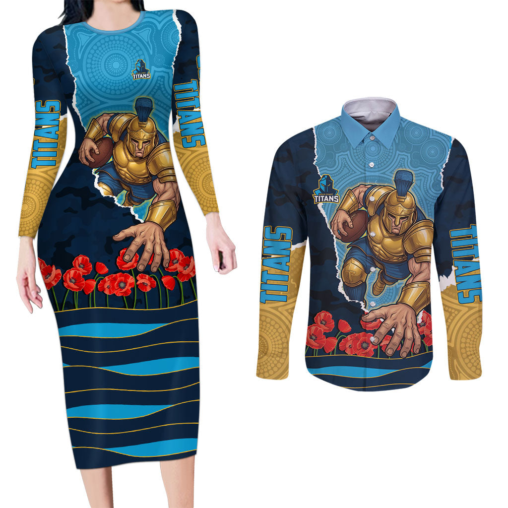 Personalized Gold Coast Titans ANZAC Tribute Couples Matching Long Sleeve Bodycon Dress and Long Sleeve Button Shirt Poppy Field Soldier Silhouette Aboriginal Rugby Mascot