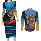 Personalized Gold Coast Titans ANZAC Tribute Couples Matching Long Sleeve Bodycon Dress and Long Sleeve Button Shirt Poppy Field Soldier Silhouette Aboriginal Rugby Mascot