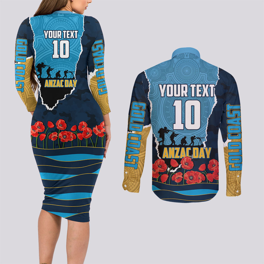 Personalized Gold Coast Titans ANZAC Tribute Couples Matching Long Sleeve Bodycon Dress and Long Sleeve Button Shirt Poppy Field Soldier Silhouette Aboriginal Rugby Mascot