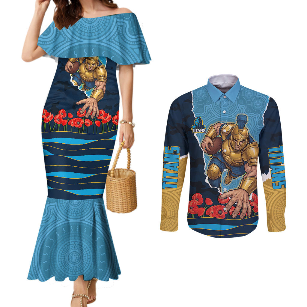 Personalized Gold Coast Titans ANZAC Tribute Couples Matching Mermaid Dress and Long Sleeve Button Shirt Poppy Field Soldier Silhouette Aboriginal Rugby Mascot