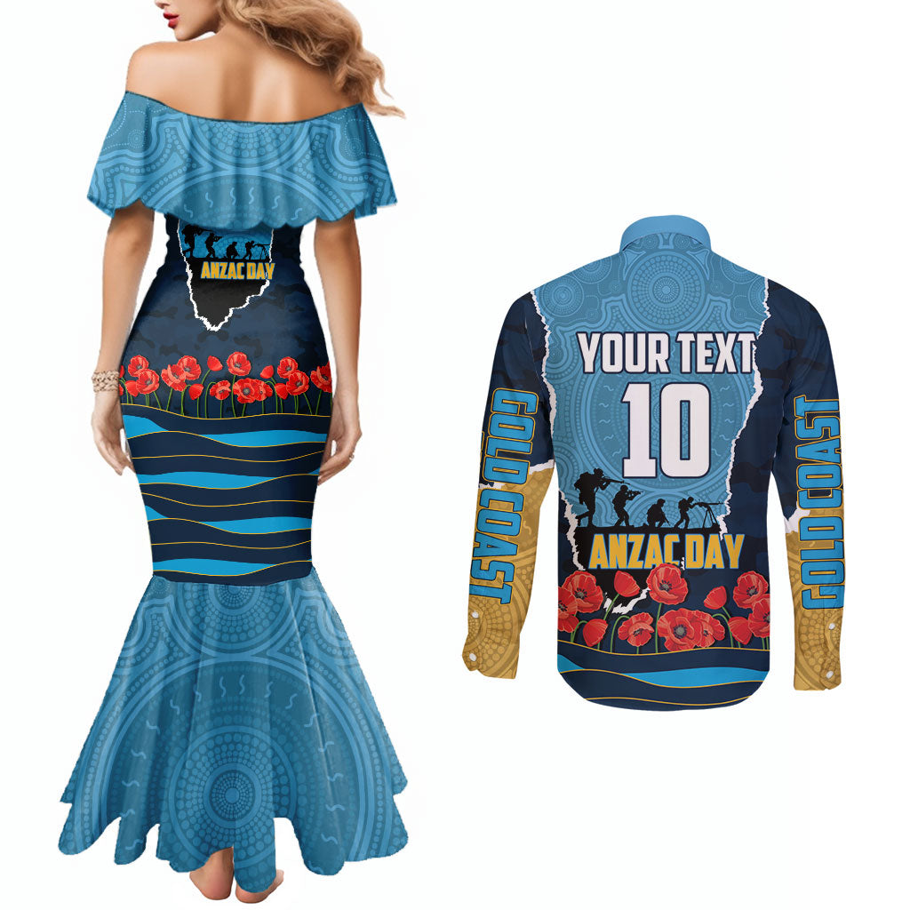 Personalized Gold Coast Titans ANZAC Tribute Couples Matching Mermaid Dress and Long Sleeve Button Shirt Poppy Field Soldier Silhouette Aboriginal Rugby Mascot